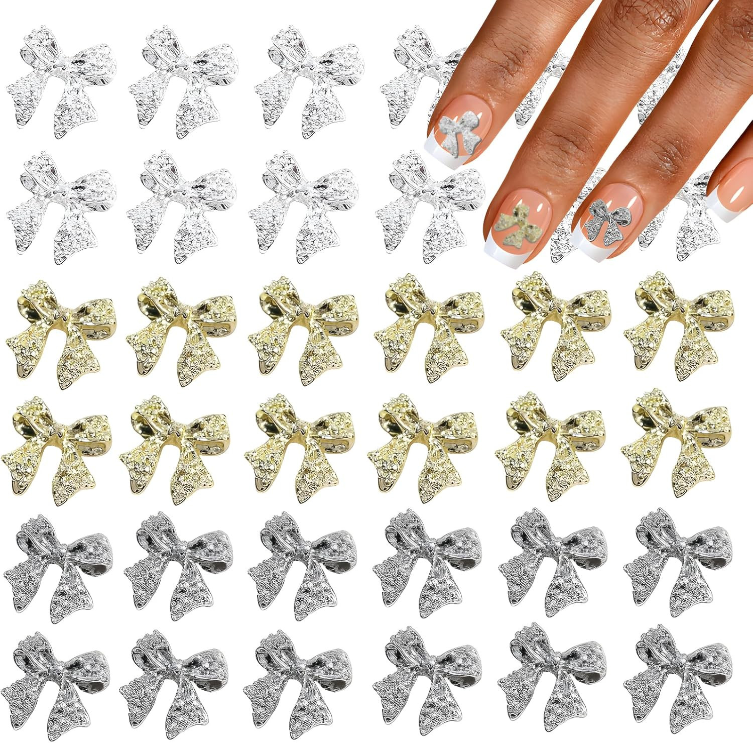 36 Pcs Bow Nail Art Charms 3D Alloy Bow Nail Charms Silver Gold Nail Rhinestones