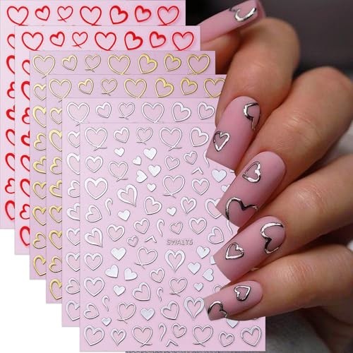 Valentines Nail Stickers for Nail Art Empty Heart Nail Decals 6PCS Red