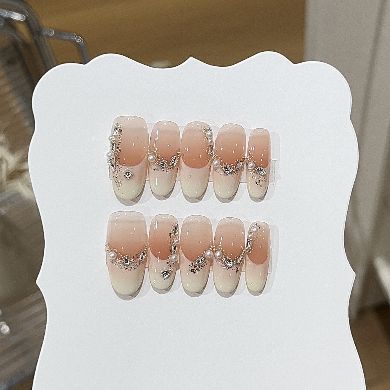 10Pcs Handmade Orange Pink Long Oval Press On Nails French Rhinestone