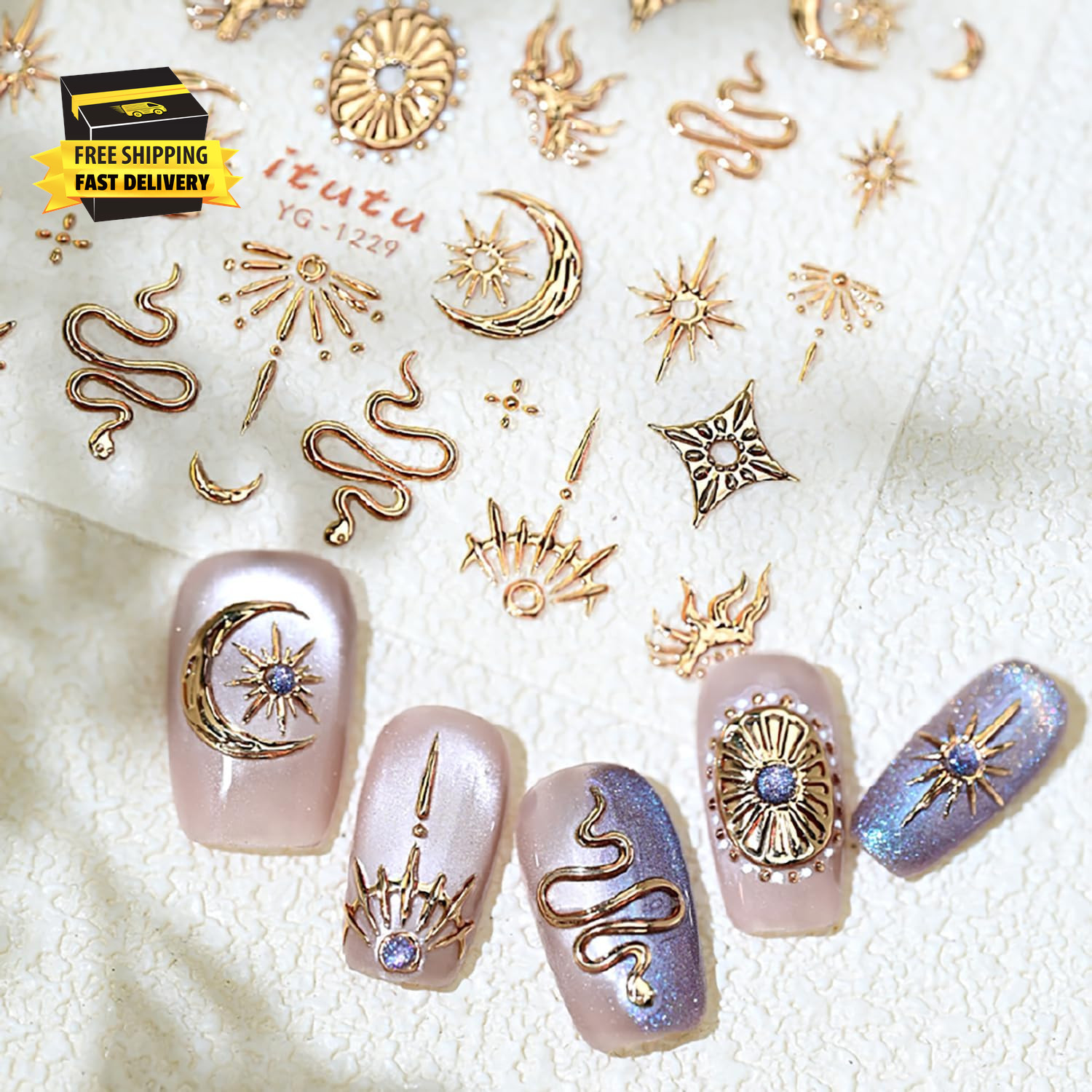 1 Sheets Embossed Star Nail Stickers for Nail Art Gold Snake Nail Decals 5D Self