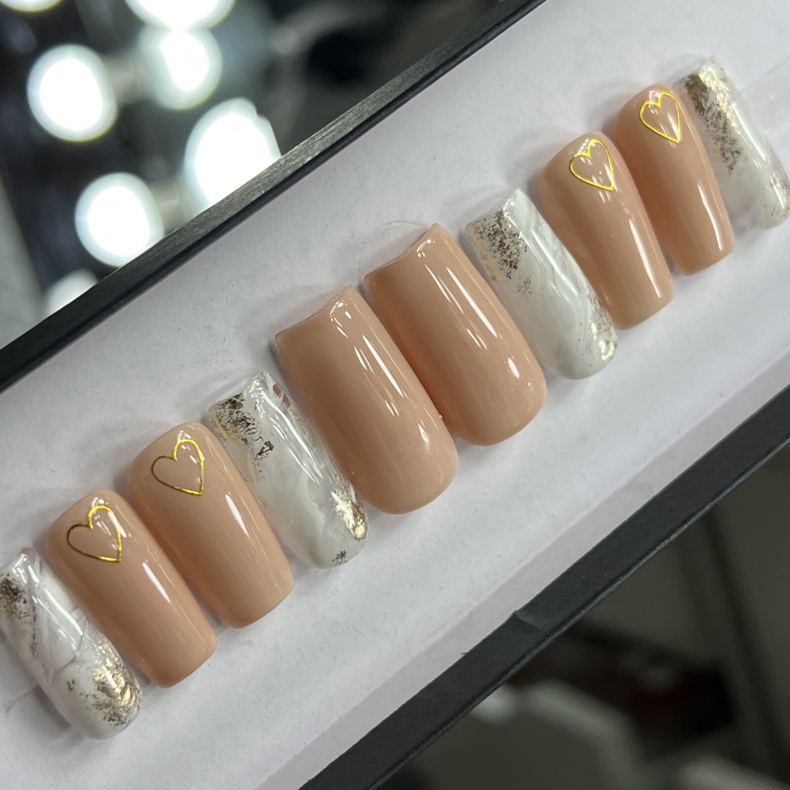 💕 CUSTOM Gel Press On Nails, MARBLE Nude HEART W BLING 10p FULL SET W Kit