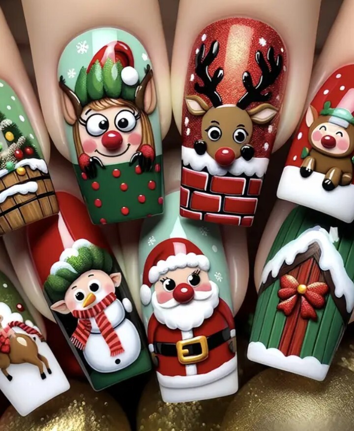 Acrylic Press On Fake Nails Long Square. Santa Snowman Reindeer Gloss 24 Pieces