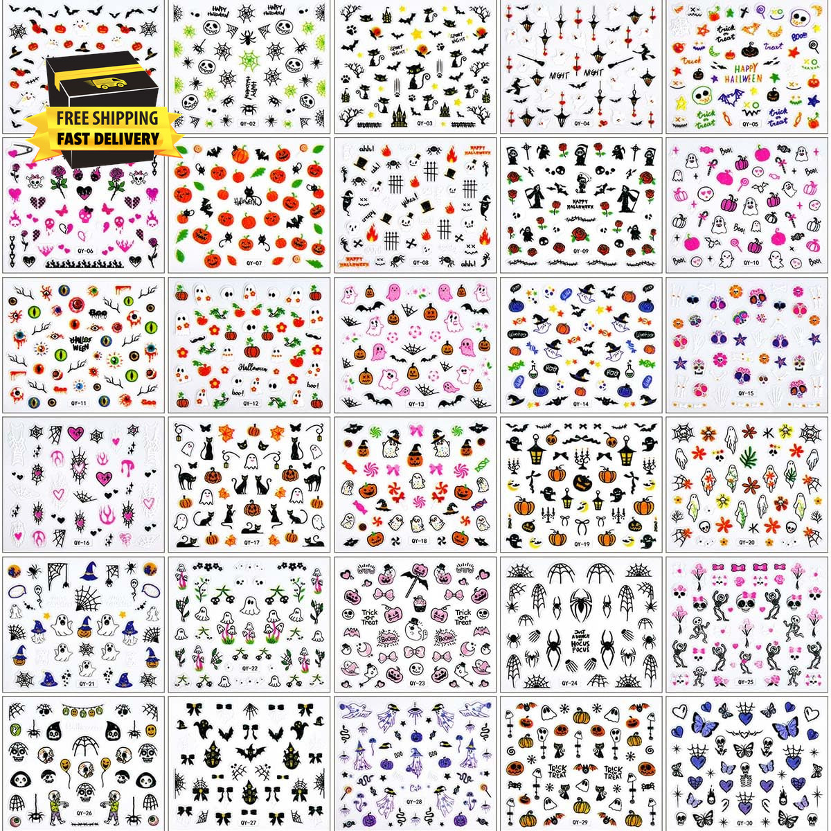 30 Sheets Halloween Nail Stickers for Women Girls & Kids,Cute Ghost Pumpkin Spid