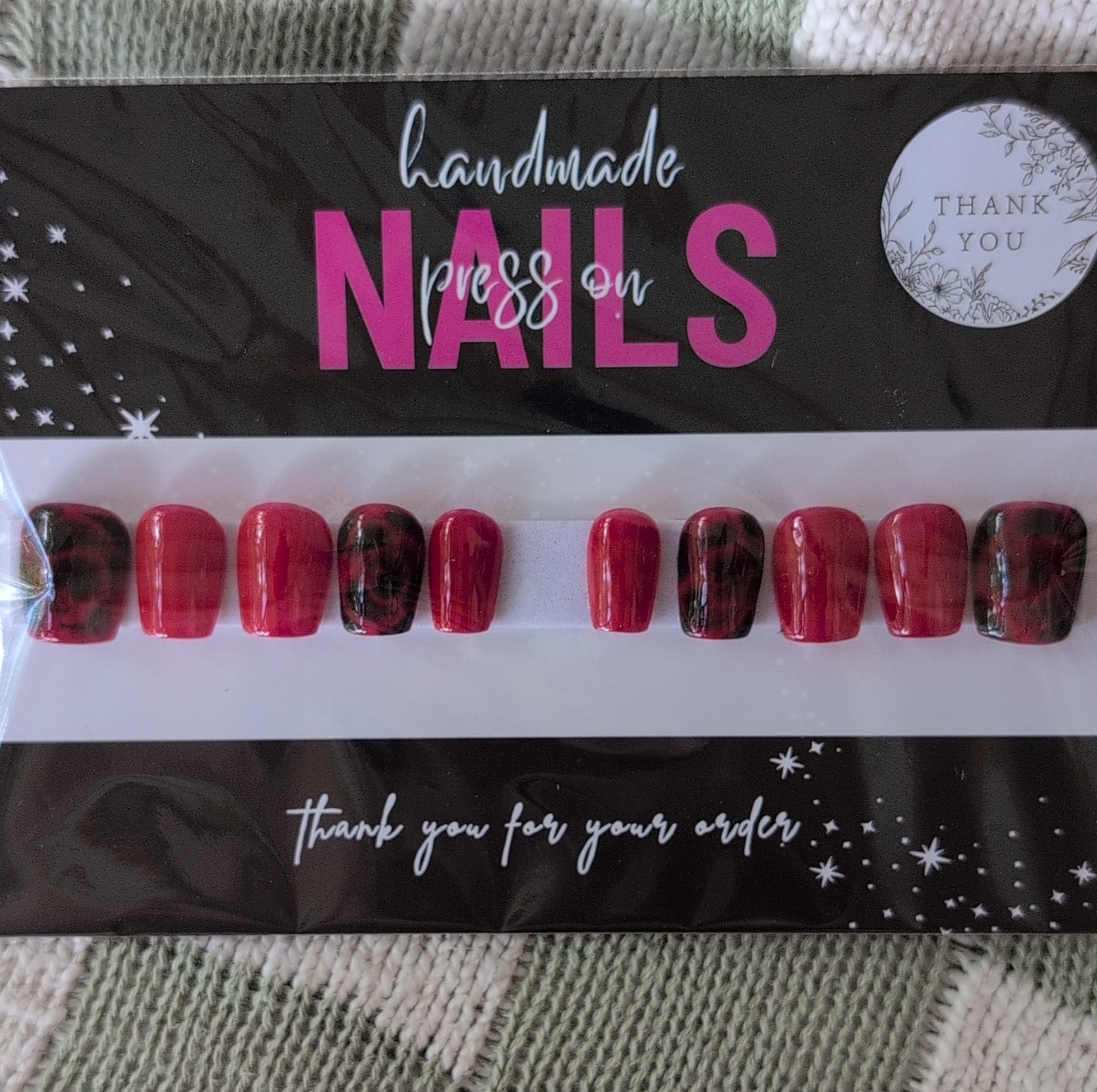 Handmade Press-On Nails Short Square Red Black Abstract Sized Medium