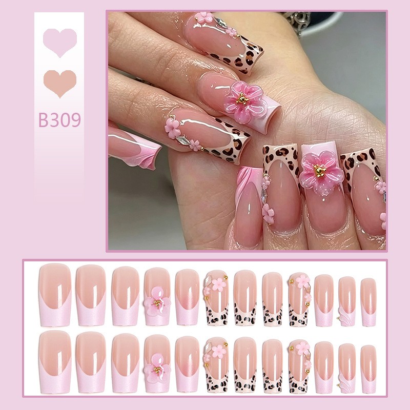 48P Leopard Floral Rhinestone Press on Nails, Long Coffin Pink Glossy Fake Nails