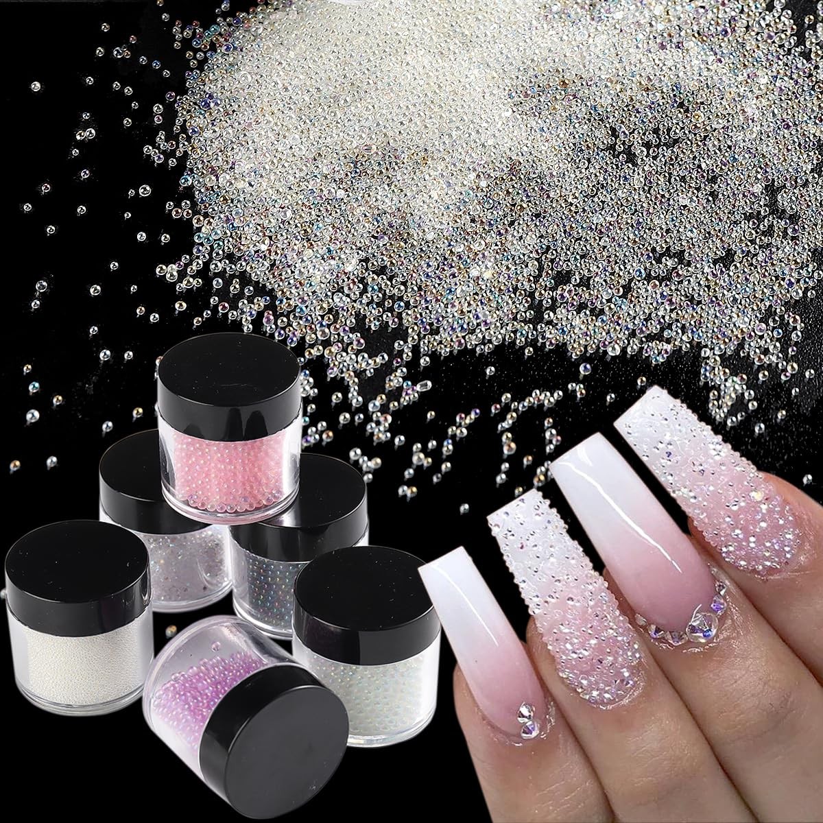 Pixie Crystals for Nails – 6 Bottles Micro Caviar Beads 0.6-2mm Holographic G…