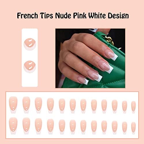 Press on Nails Short Coffin, French Tip for Women with Nude Pink Medium White