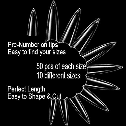 Acrylic Clear Extra Long Stiletto 500PCS 10 Sizes False Gel Nail With Plastic…