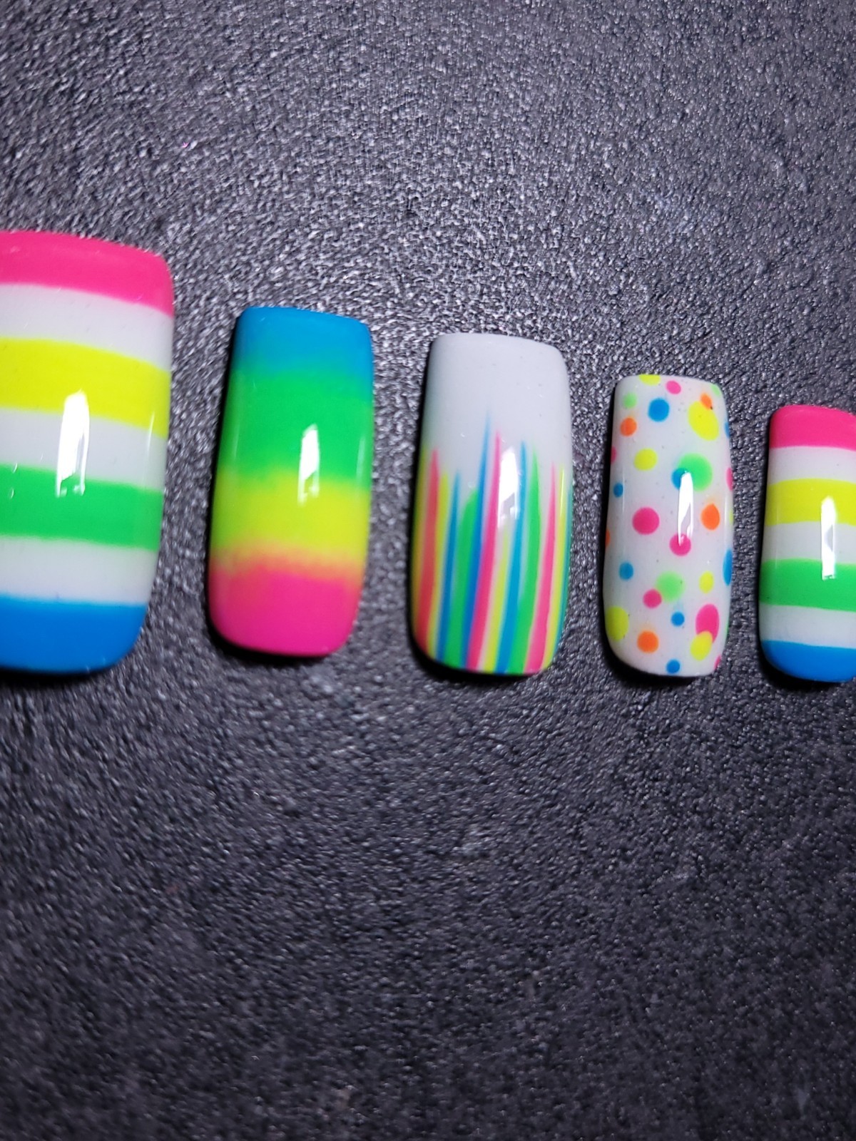 Custom Gel Press on Nails Handmade 10 pc set LARGE Neon Rainbow Dot Stripe Ombre