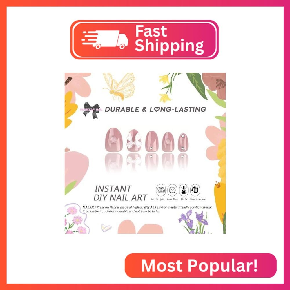 Press on Nails Short Almond Petite Handmade Fake Nails Pink Full Cover 5D Bow He