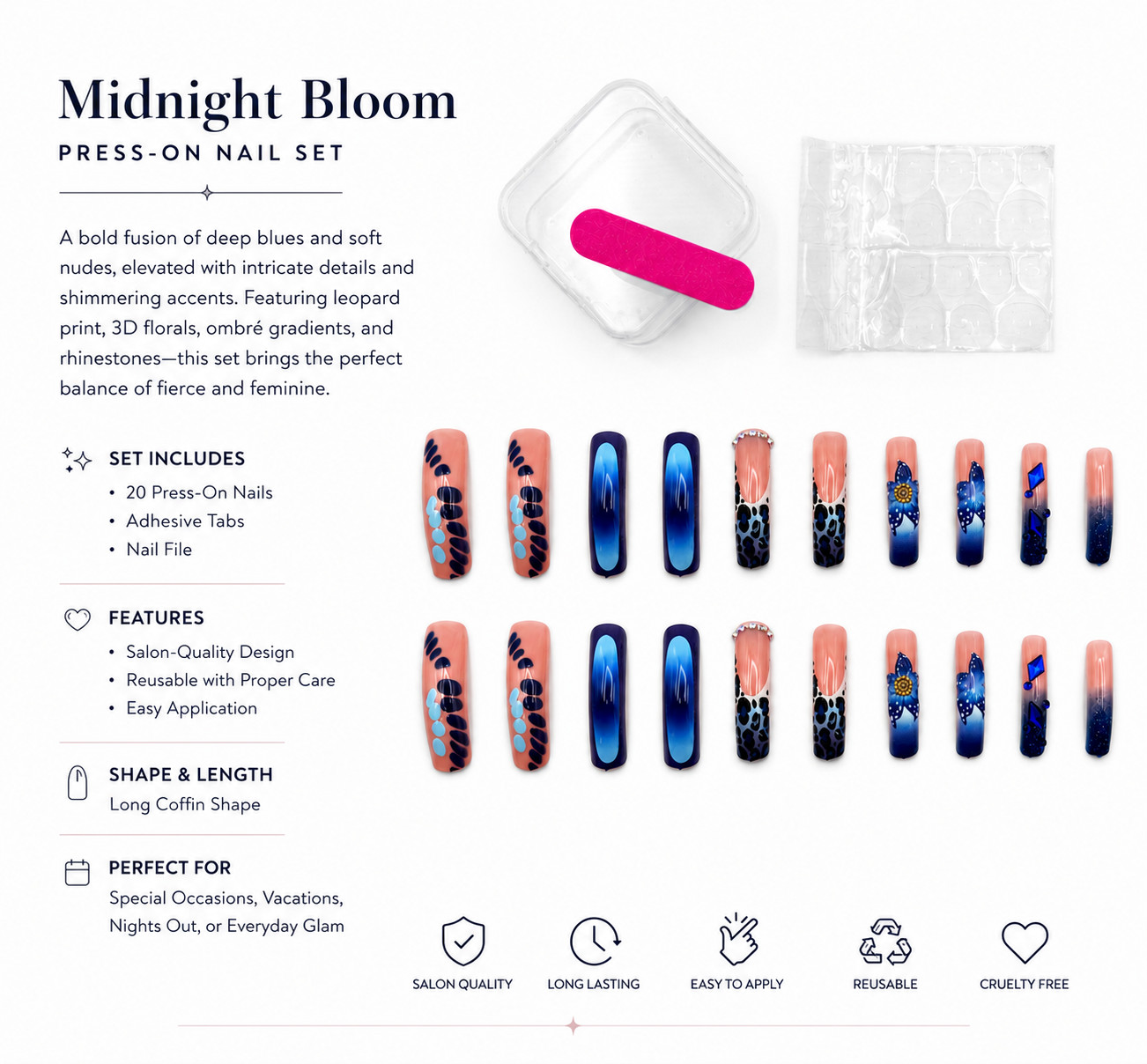 Midnight Bloom Press-On Nail Sets – Blue & Nude Shimmer Ombre Rhinestone Florals