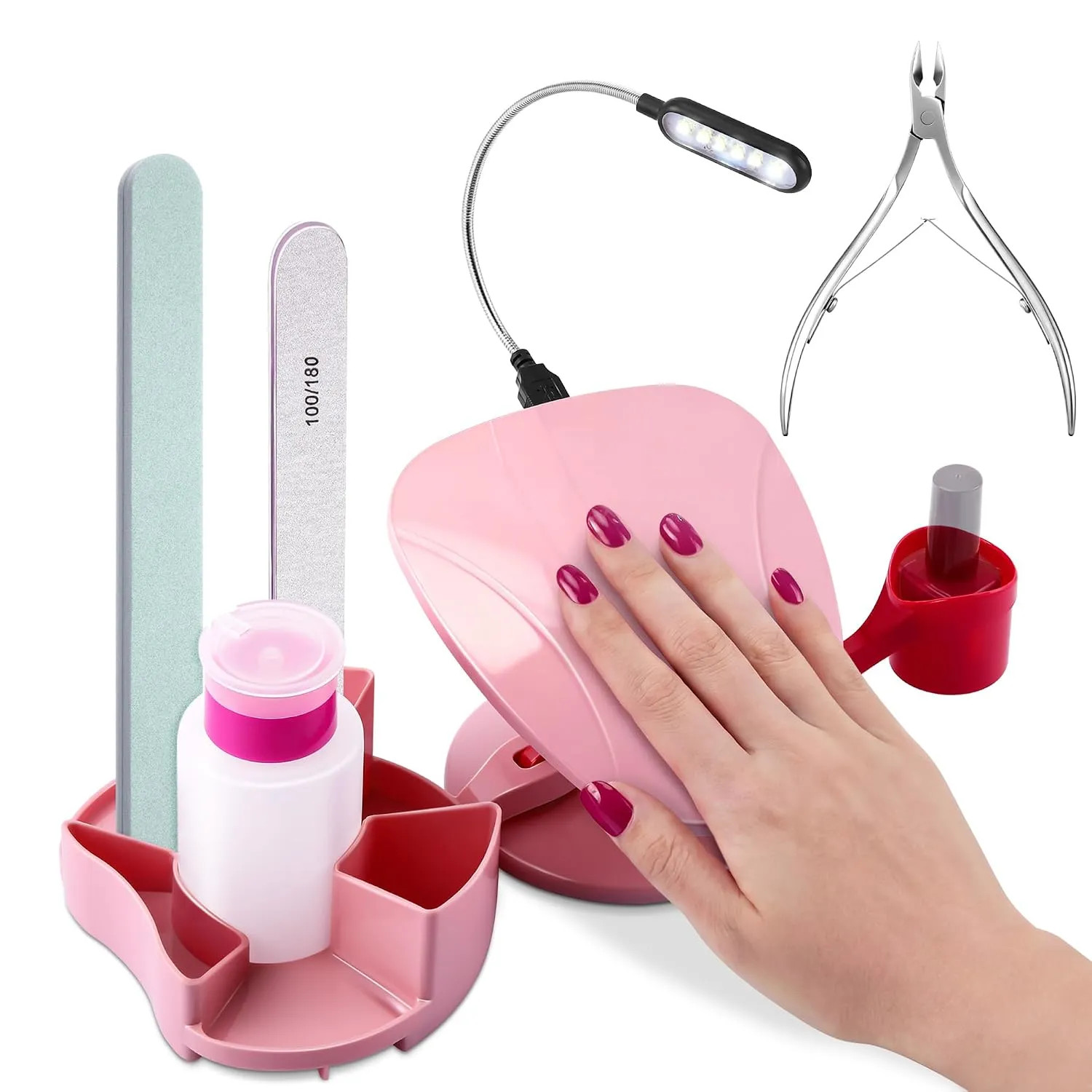 Nail Hand Rest Stand With LED 3 Piece Manicure Set Pink Adjustable Salon Station