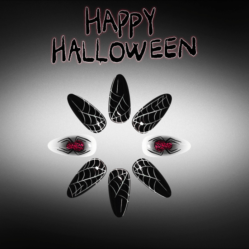 48Pcs-Long Almond Halloween Black White Red Glitter Spider Web Press on Nails