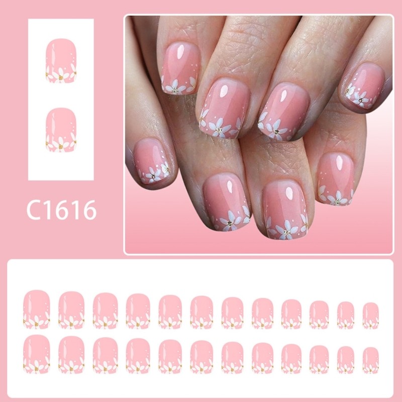 Short Square Artificial Nail 24Pcs Sparkling Floral Design Plastic Material