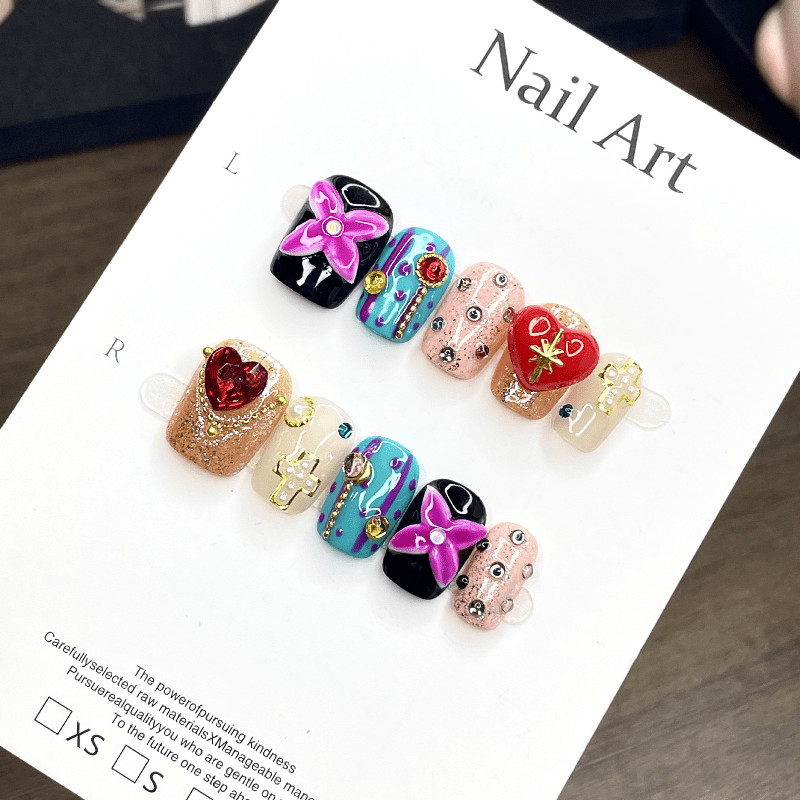 10pcs Short Square Press on Nails, Multicolor 3D Heart Cross Print Trendy Nails