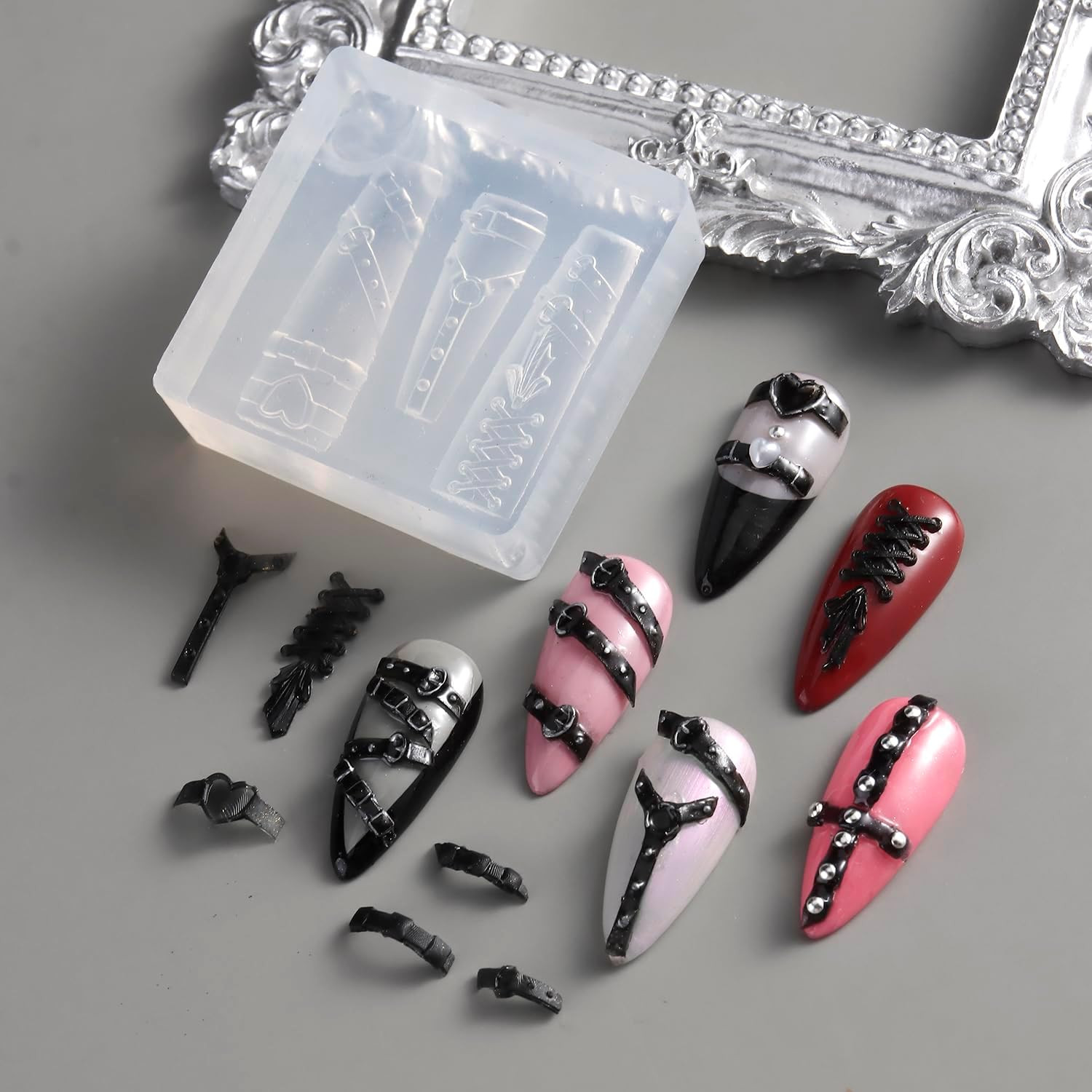 Silicone Nail Art Mold, 3D Punk Belt Nail Charms Resin Molds Heart Bow Nails Des