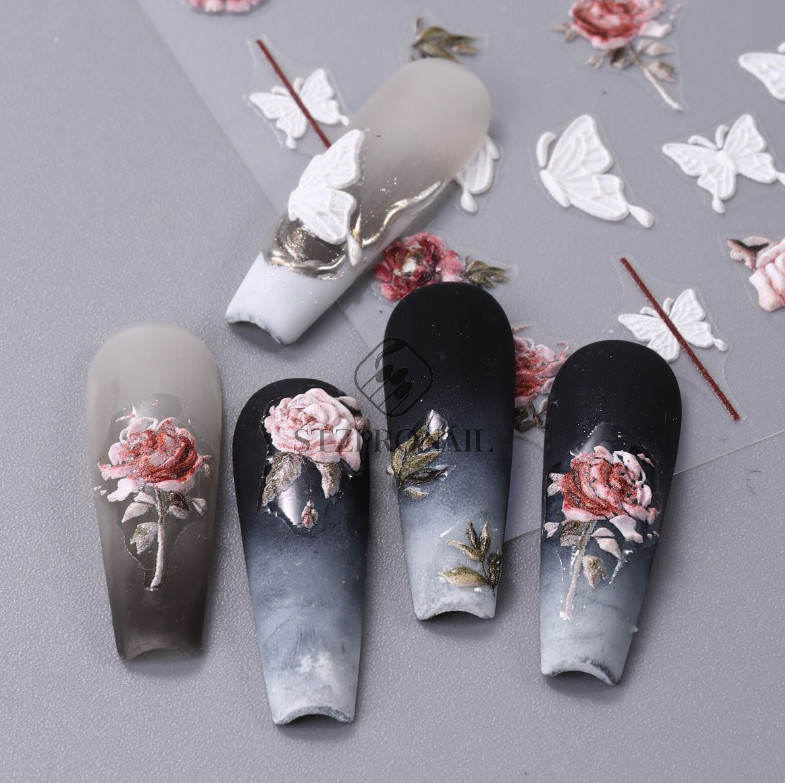 5D Embossed Daisy Tulip Butterfly Camellia Flower Nail Art Stickers Manicure
