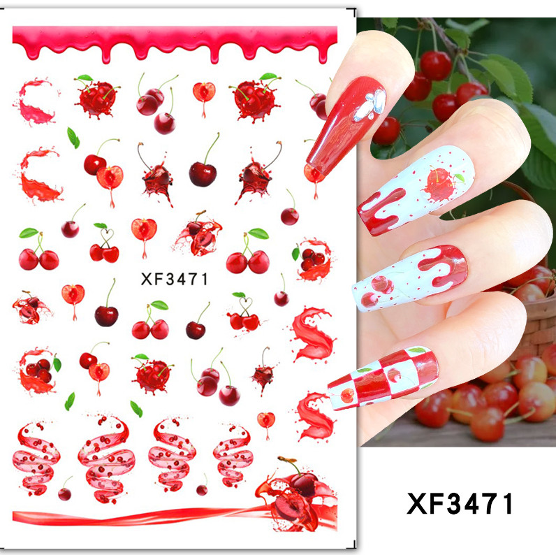 Nail Stickers Waterproof Red Cherry Design DIY Decal Flower Fruit Easy Use NH18