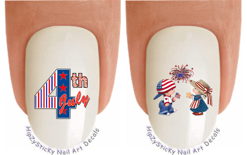Nail Art J712 July 4th Boy Girl Fireworks Flag Waterslide Nail Decals Transfers