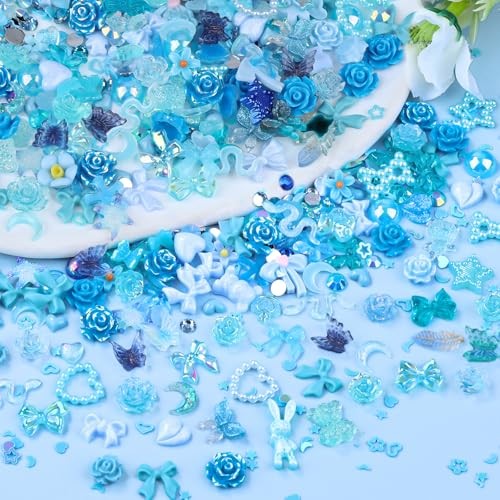 100 Pieces 3D Resin Butterfly Bear Nail Charms Rose Flower Peach Skirt Bow Blue
