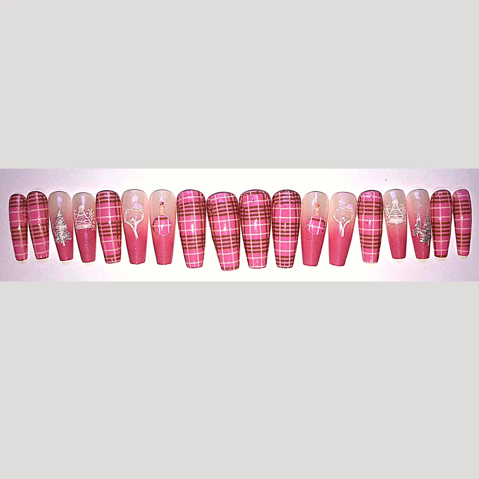 Pink Plaid Press-On Nail Set – Ex-Long Ballerina (Size 0-8)