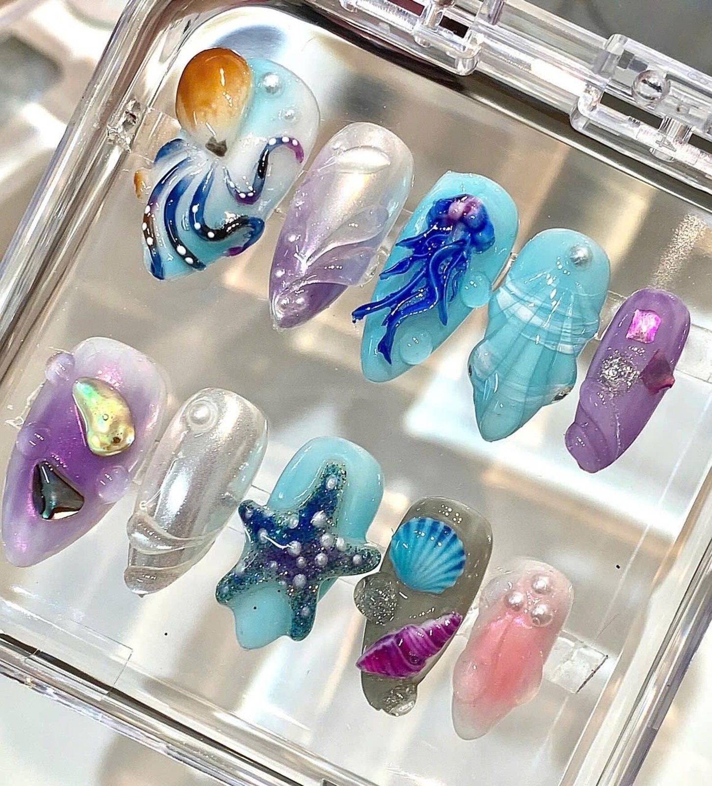 Handmade Purple Ocean Jellyfish Octopus Starfish Shell Almond Press on Nails