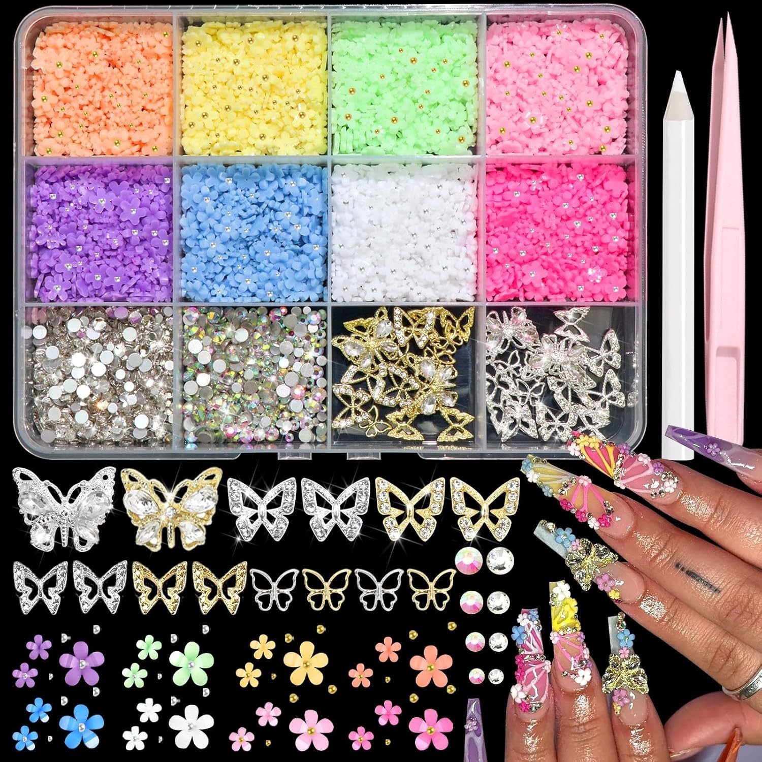 Flower Nail Charms Colorful 3D Flowers for Nails Metal Butterfly Nail Art Charms
