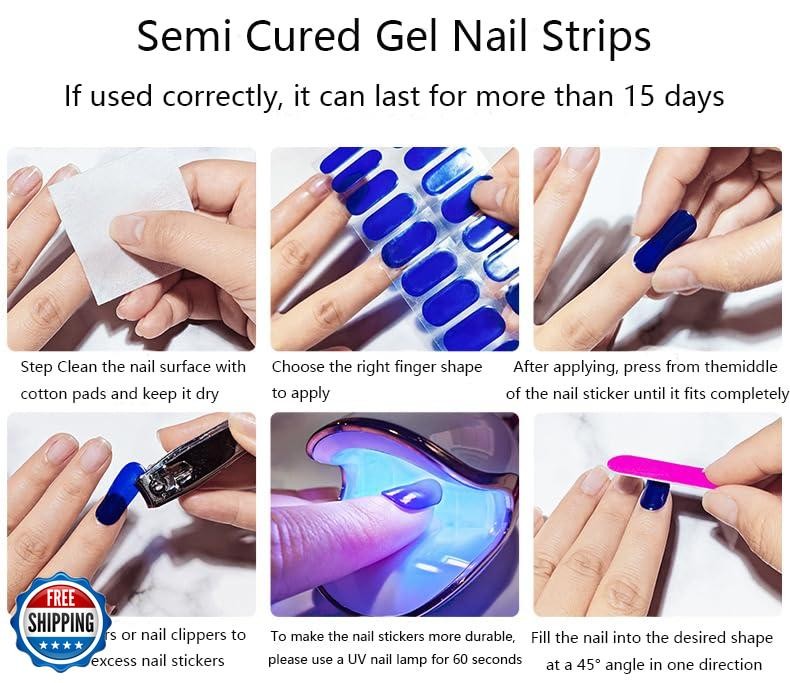 Semi Cured Gel Nail Strips French Tip Nail Stickers with Flower Designs Cute