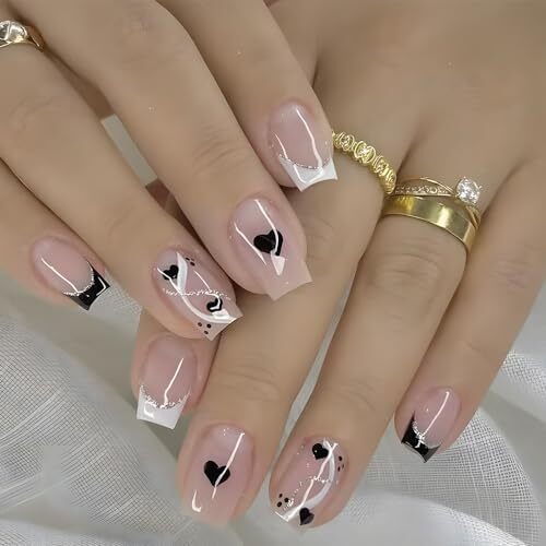 Black French Tip Press on Nails Black French Tip & Striped Hearts Design
