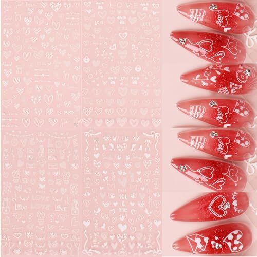 Valentine Heart Nail Art Stickers White Valentine’s Day Nail Decals 3D Self A1