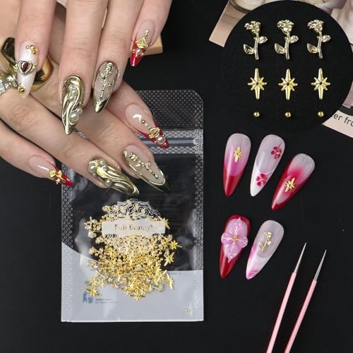 1Bag Metallic Rose Flower Star Nail Art Charms 3D Gold Beads Colorful -20