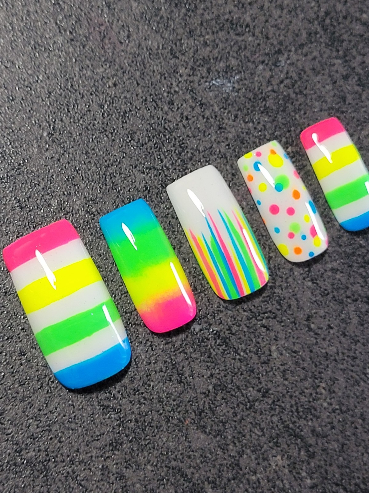 Custom Gel Press on Nails Handmade 10 pc set LARGE Neon Rainbow Dot Stripe Ombre
