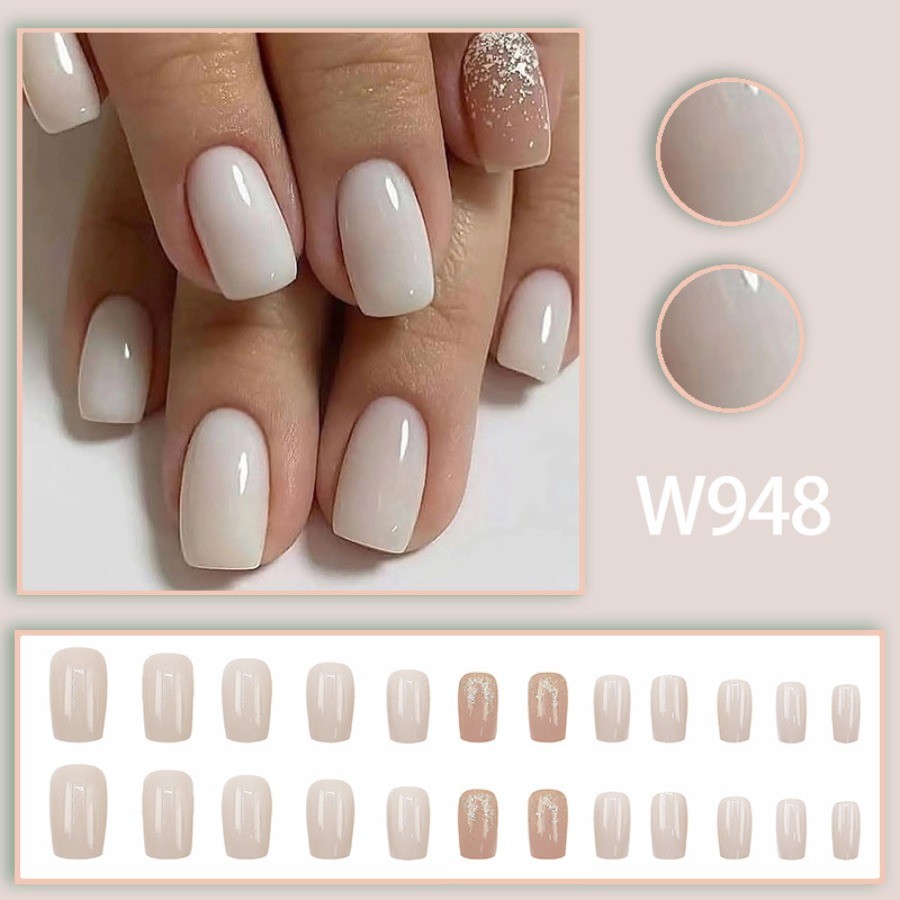 48Pcs White Silver Glitter Gradient Short Square Press on Nails, Nude Fake Nails