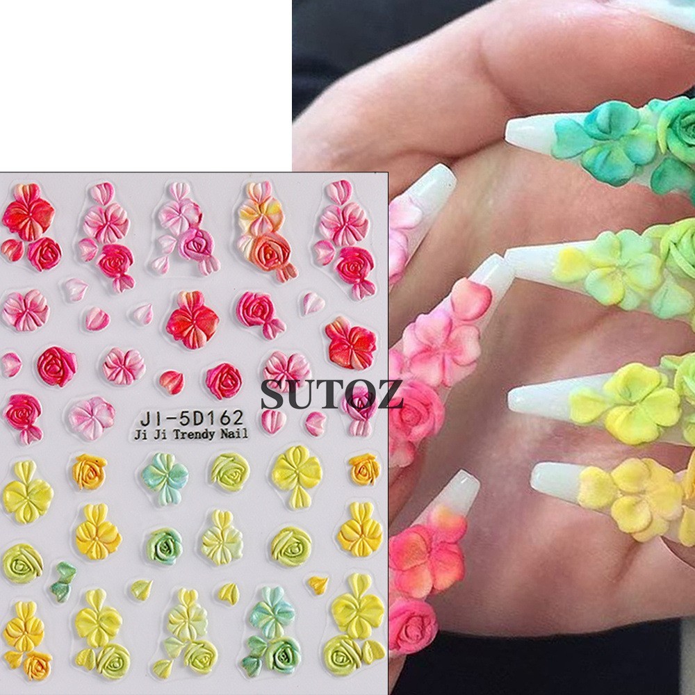 3D Gradient Flower Embossed Lily Hibiscus Floral Nail Art Stickers Decor NH29