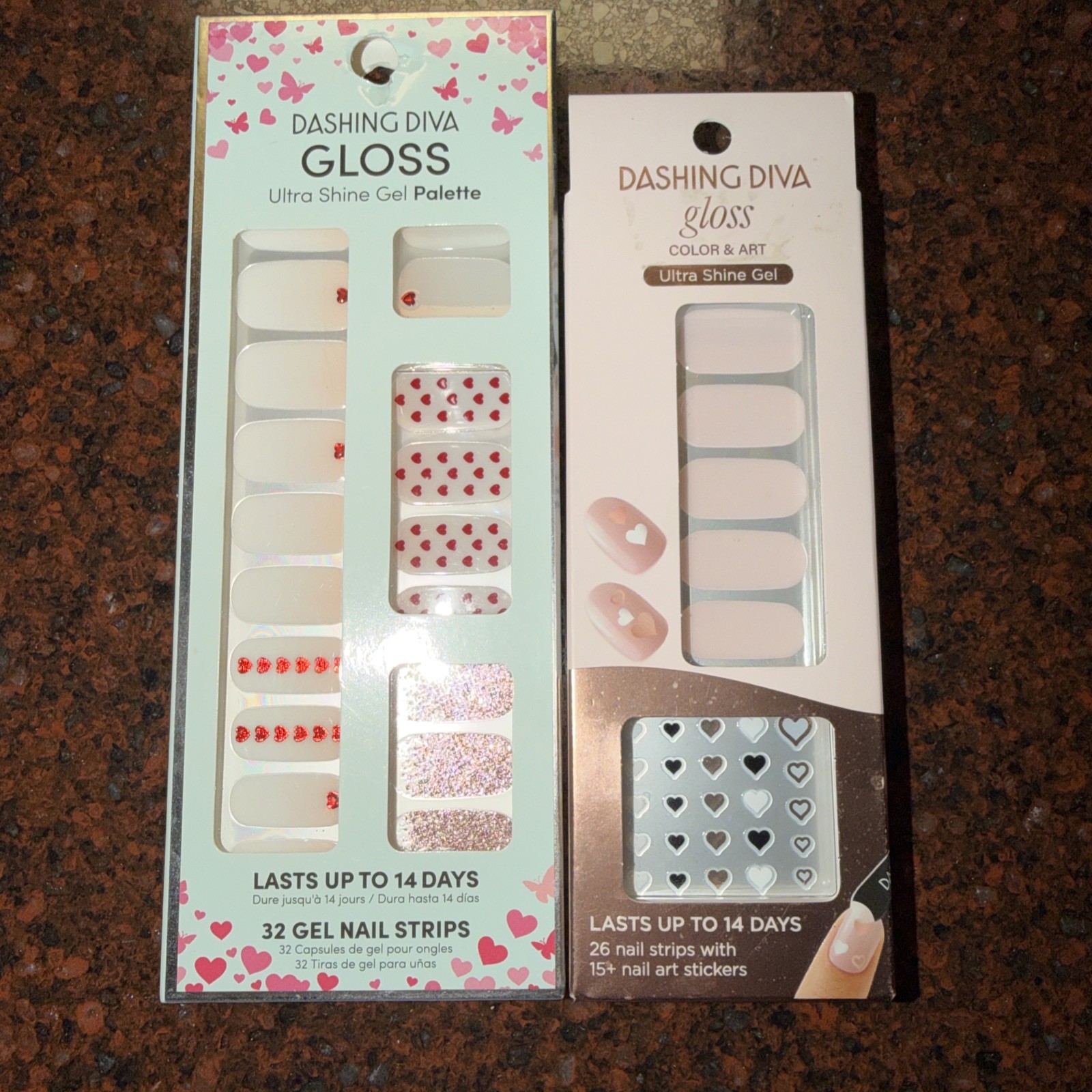 2 Packs Dashing Diva Gloss Ultra Shine Gel Palette Nail Strips & Sticker Hearts