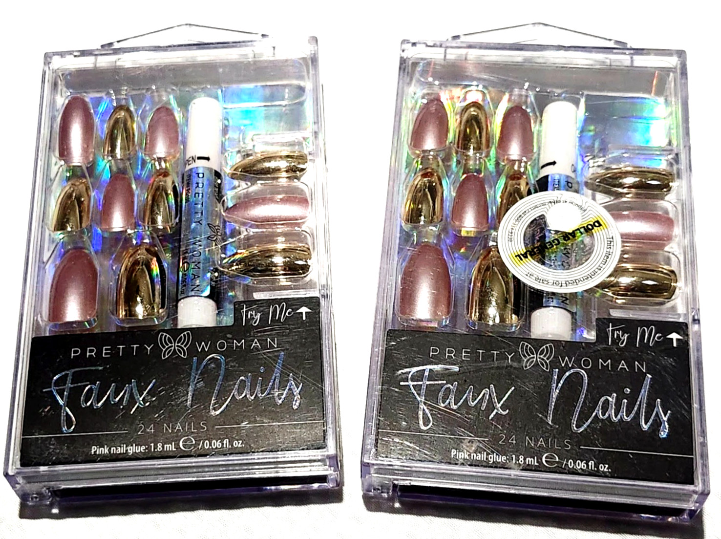 Lot of 2 Pretty Woman Faux Nails Metallic Rose Gold & Chrome Glue On Press On 24