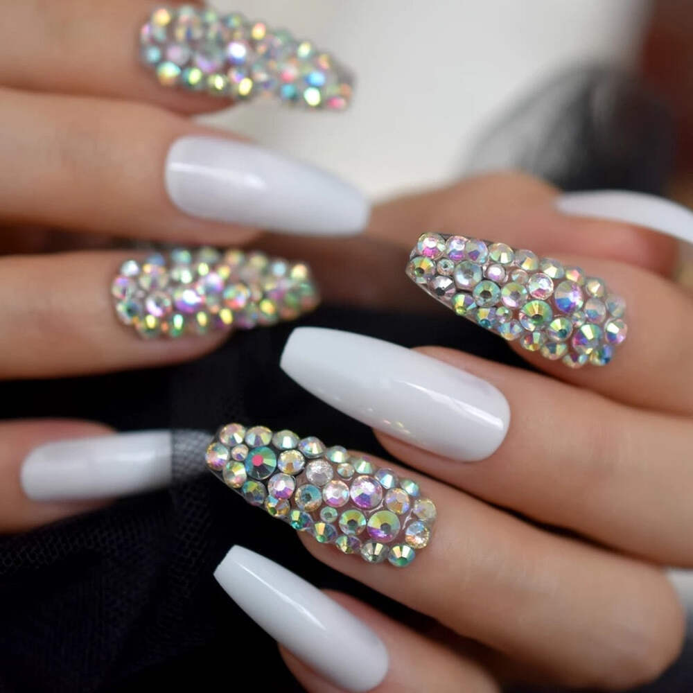 White 3D Crystals Coffin Ballerina Extra Long Rhinestones False Press On Nails
