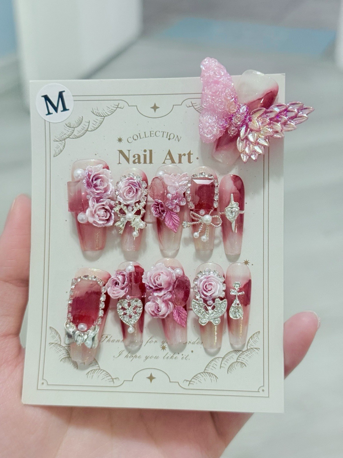 11pcs Butterfly N Rose Fake Nail Press On/Glue On Nails Size M(Read Description)