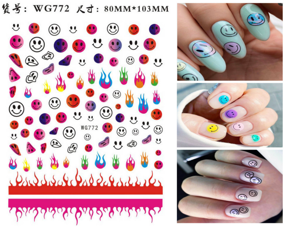3D Happy Emoticons Fire Flame Flowers Nail Decal Sticker Self Adhesive DIY NH11