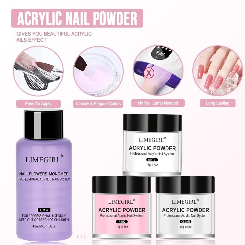 Acrylic Nail Powder & Liquid Set Pink White Clear Kit for Nail Extension Art USA