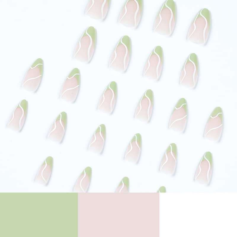 Press On Nails Almond Short Medium Nude Light Green Swirl French Tip Solid