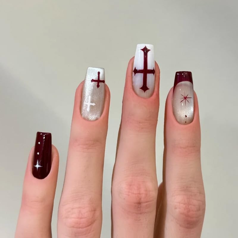 French Tip Press on Nails Dark Red Cross Stars Design Medium Gradient for Glo…