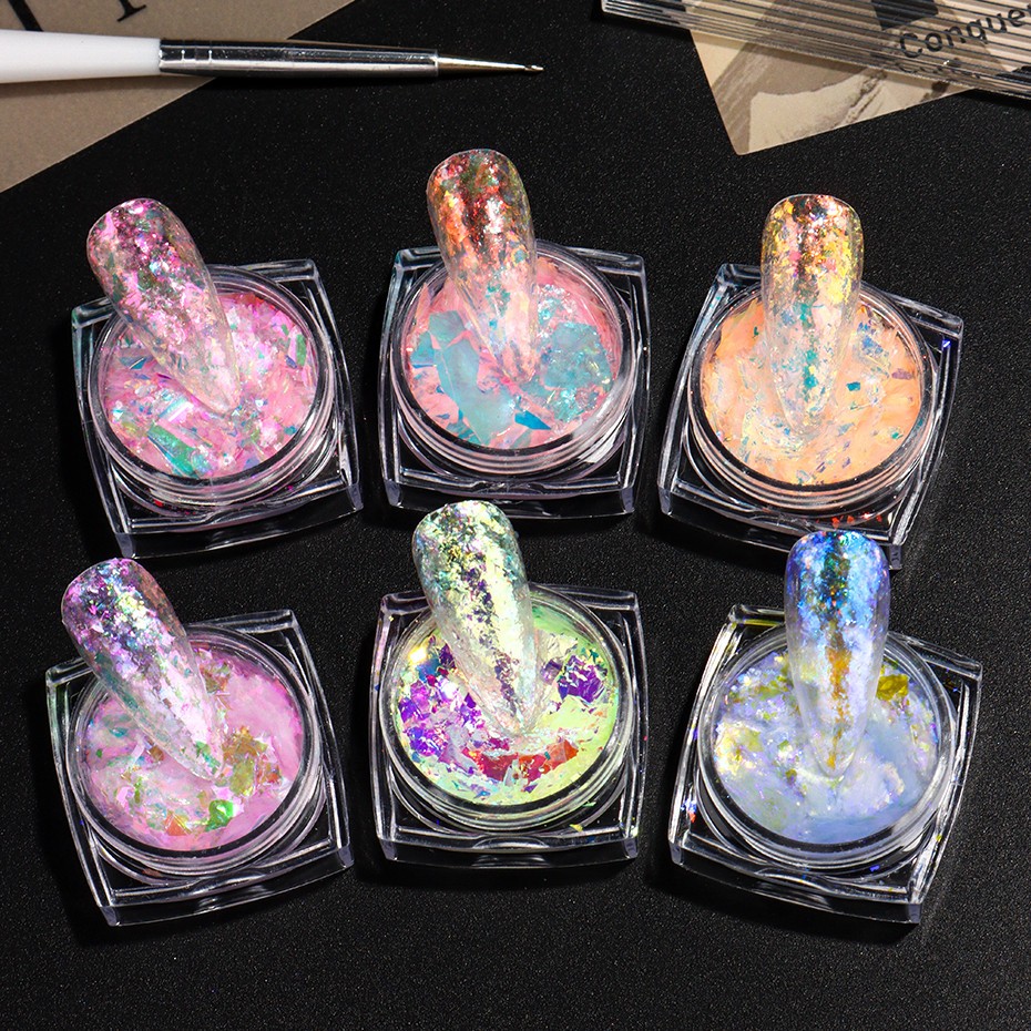6pcs Aurora Opal Nail Glitter Flakes Iridescent Nail Pigment Crystal Mermaid Spa