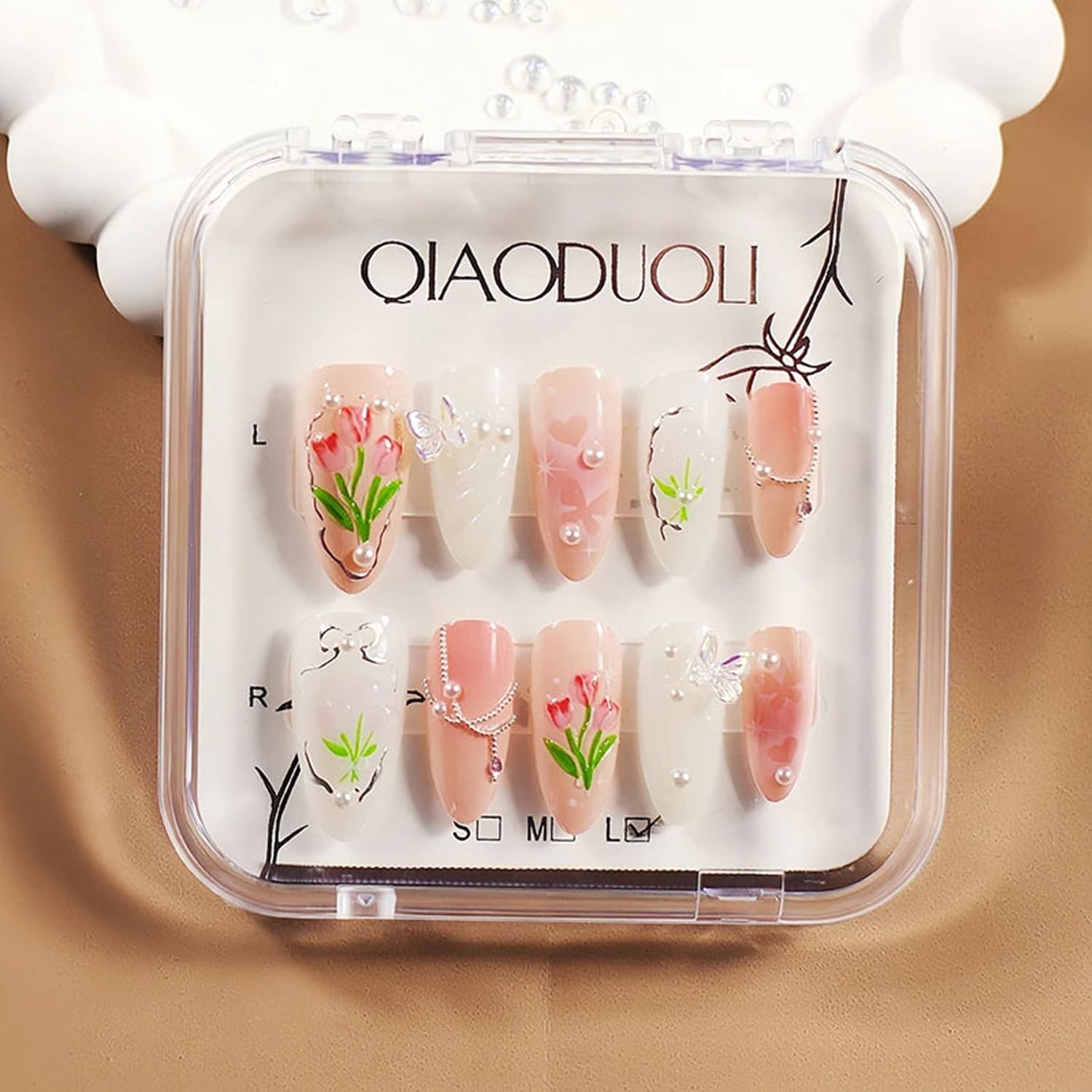 Handmade Nails Almond Press on Nails Medium Length Flower Tulip Fake Nails wi…