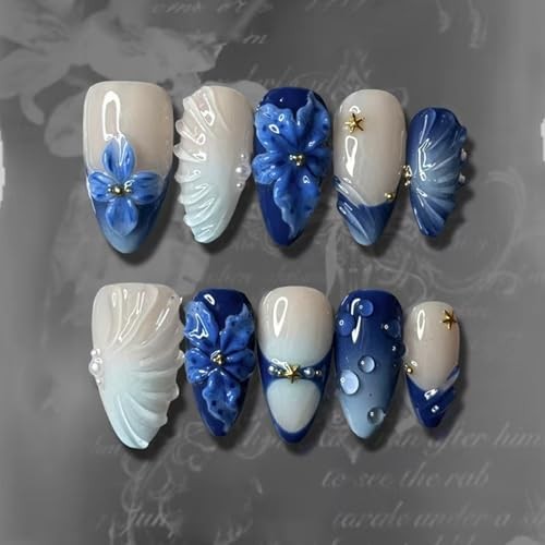 Blue Flower Press on Nails Medium Almond Metal Starfish and Gold Beads