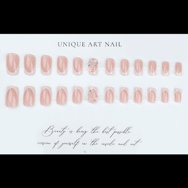48pcs Short Square Press on Nails, Pink Glitter French 3D Flower Pearl Nails