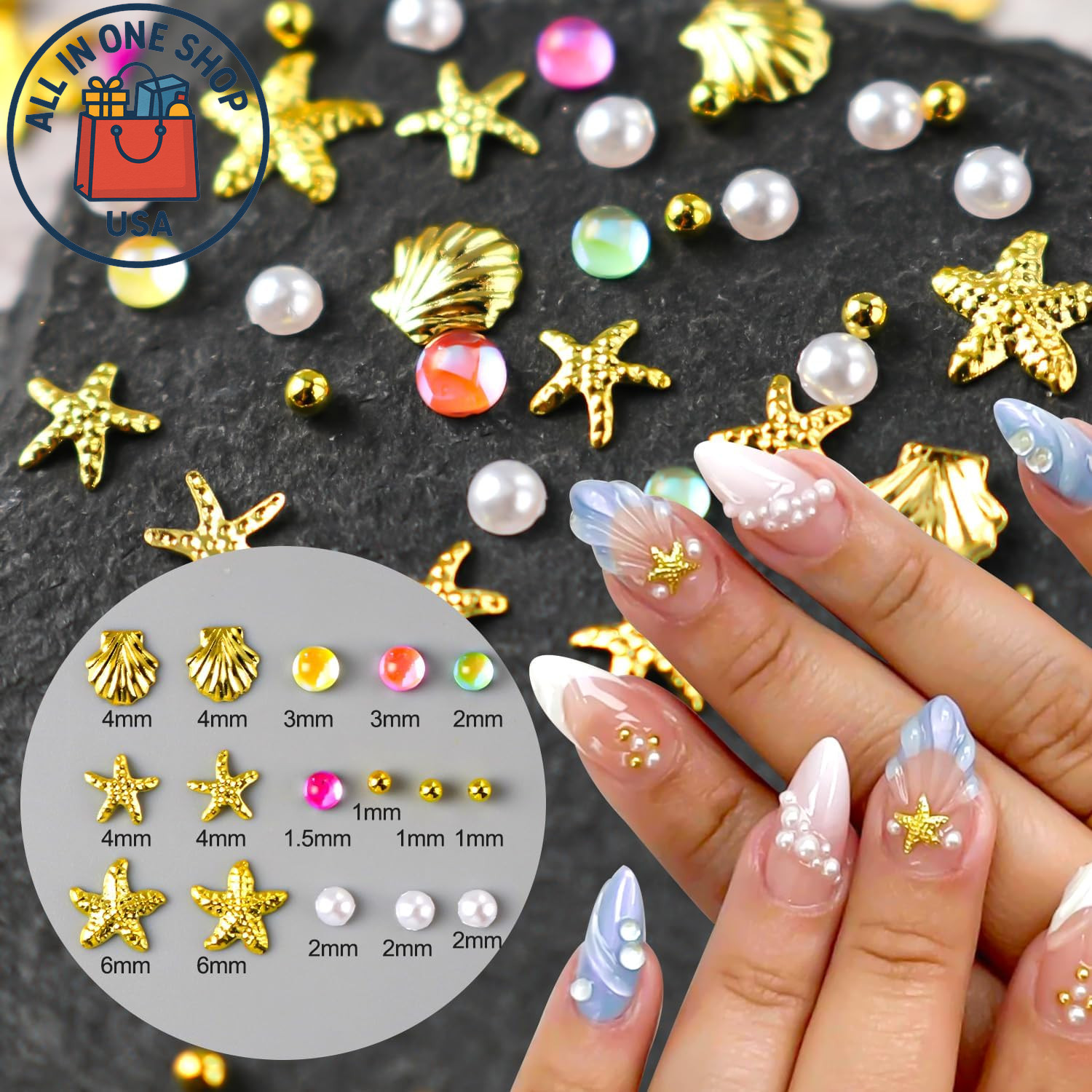 3D Summer Beach Nail Charms Set – Seashell Starfish Gems for DIY Manicure