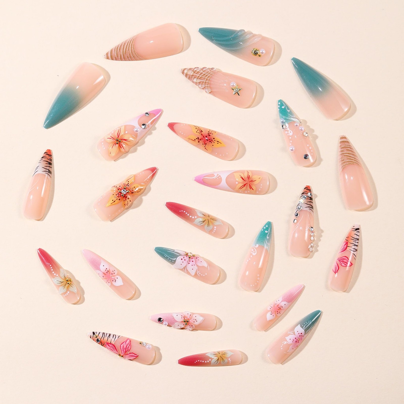 Long Almond Press on Nails, Pink Flowers Fake Nails French Design 24pcs