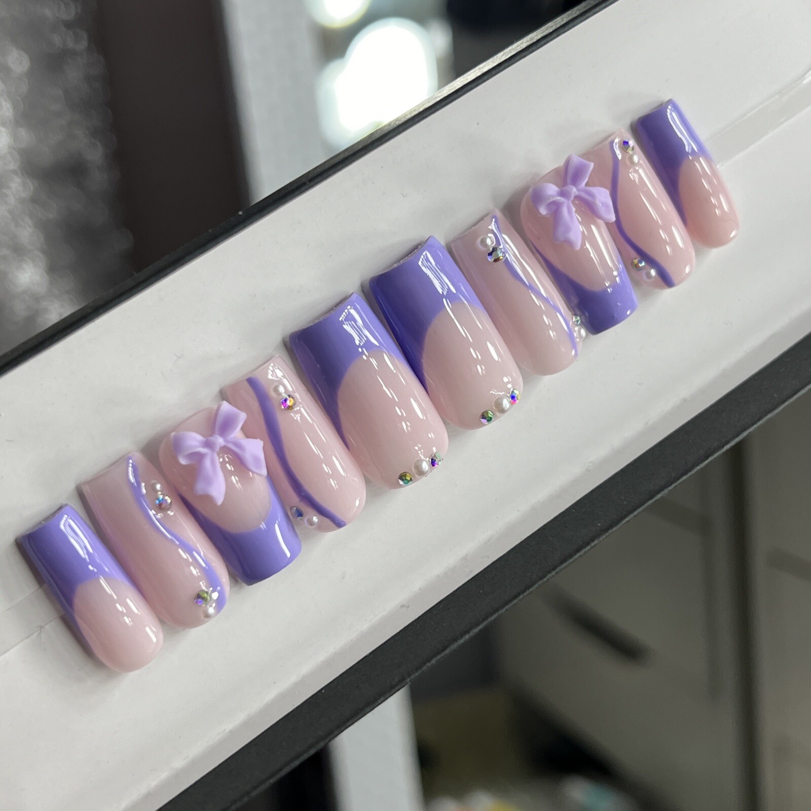 💜 CUSTOM Press On Nails FRENCH PURPLE W BOW PEARLS BLING 10p SET W Kit