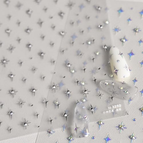 1Sheet Silver Star Nail Decals 5D Embossed Self-Adhesive Diamond Star y2k star